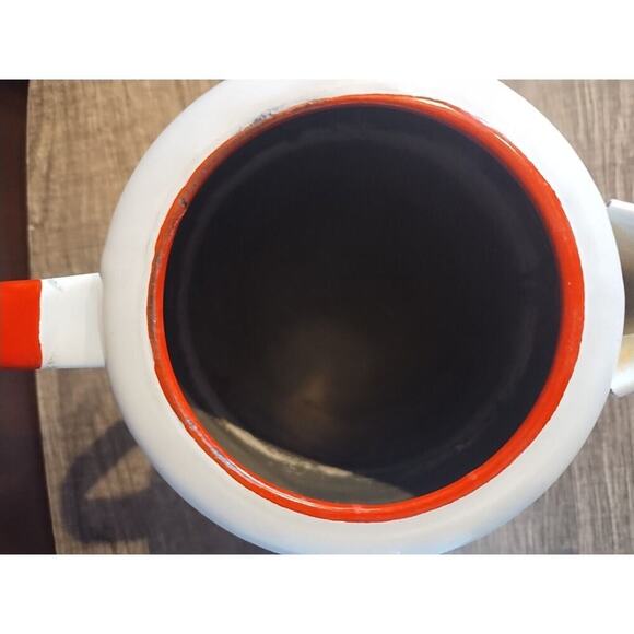 Vintage Enamelware White w/ Red Trim Large Pot Handle And Coffee Tea Pot - Picture 4 of 7